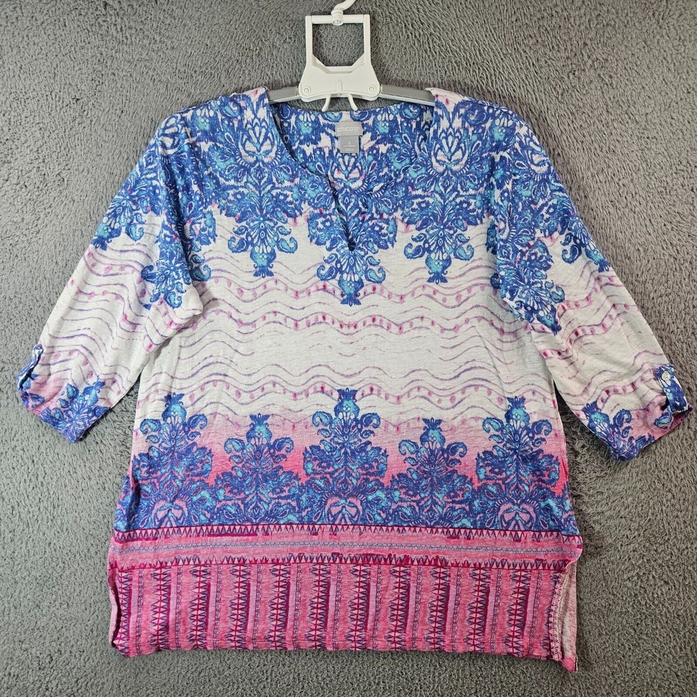 Chico's Tunic‎ Top Blouse Women Size 3 100% Linen Geometric Print 3/4 Sleeve